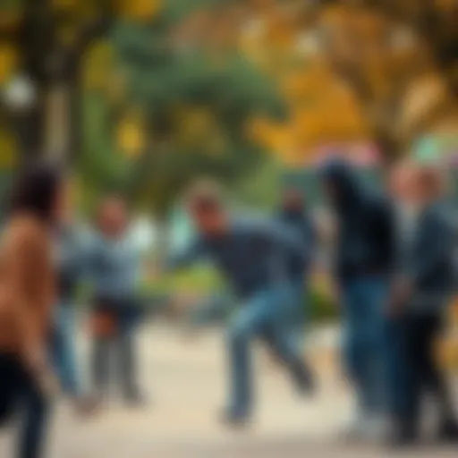 A group of people smiling while watching someone trip and fall in a park