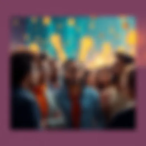 A group of diverse people discussing cryptocurrency and its impact on society, with digital currency symbols in the background.