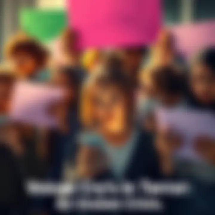 A diverse group of individuals with worried expressions, holding signs and using their phones to share anxiety about global issues on social platforms.