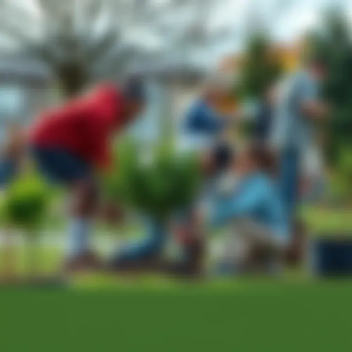 A group of individuals working together to plant trees in a neighborhood park, showcasing community spirit and cooperation.