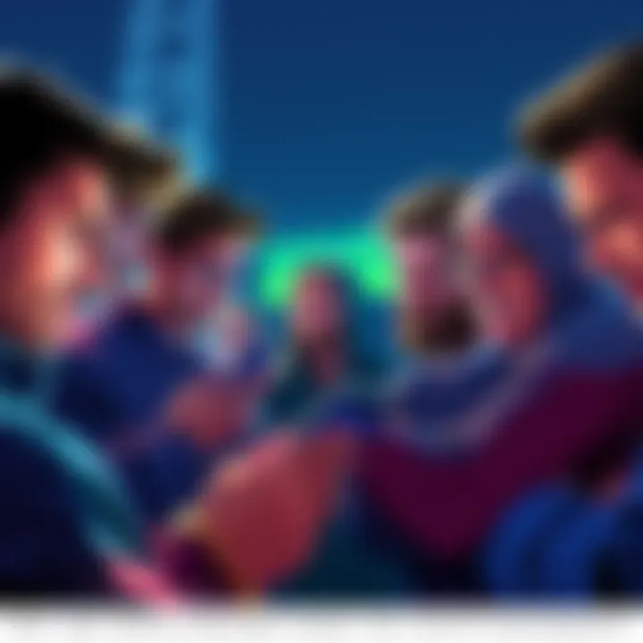 A group of people looking at their phones with cryptocurrency charts displayed, showing mixed emotions regarding their investments.