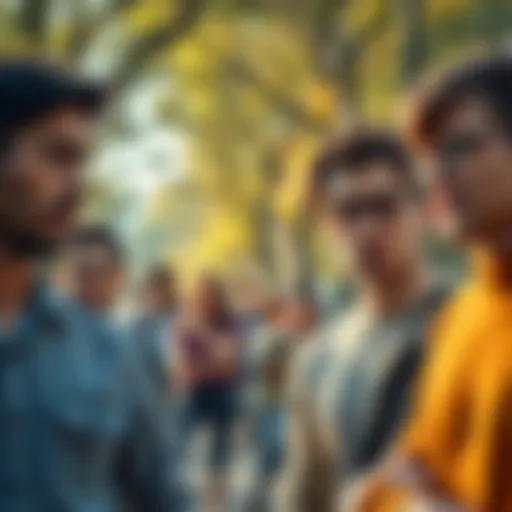 A group of people in a park showing different expressions of curiosity and contemplation, highlighting feelings of being out of place in everyday life.