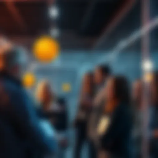 A diverse group of people discussing Bitcoin investments in a modern office setting.