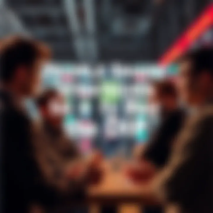 People discussing investment strategies Group of people sharing ideas about buying stocks during a market dip