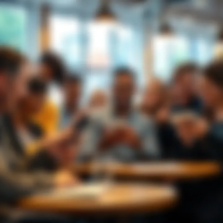 A group of diverse people laughing while reading light-hearted news articles on their phones in a bright cafe setting.