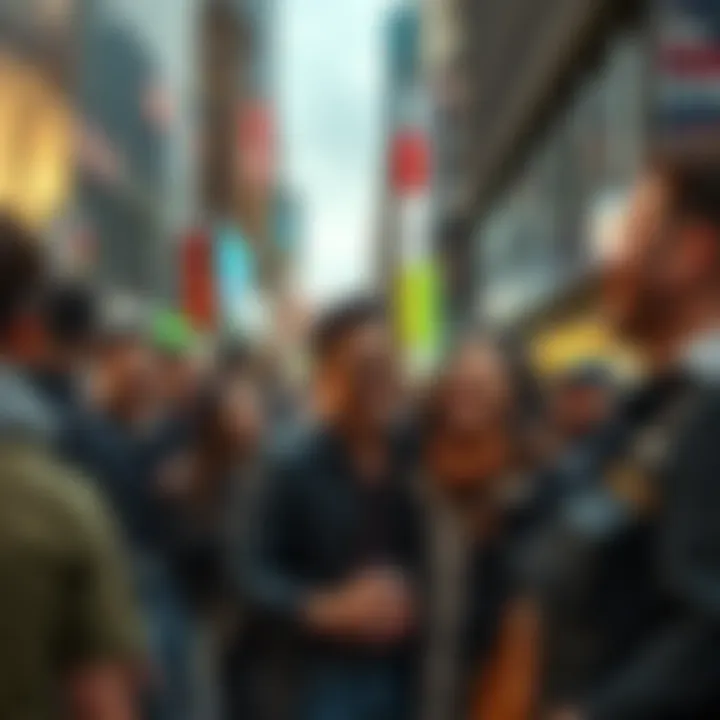 A group of people sharing a laugh together in a busy city street, showcasing humor in tough times.