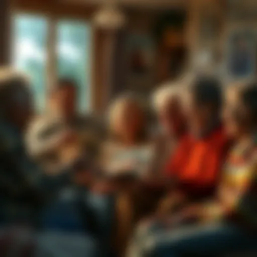 Group of friends sitting together, smiling and reminiscing about the past, with old photos and mementos in hand.