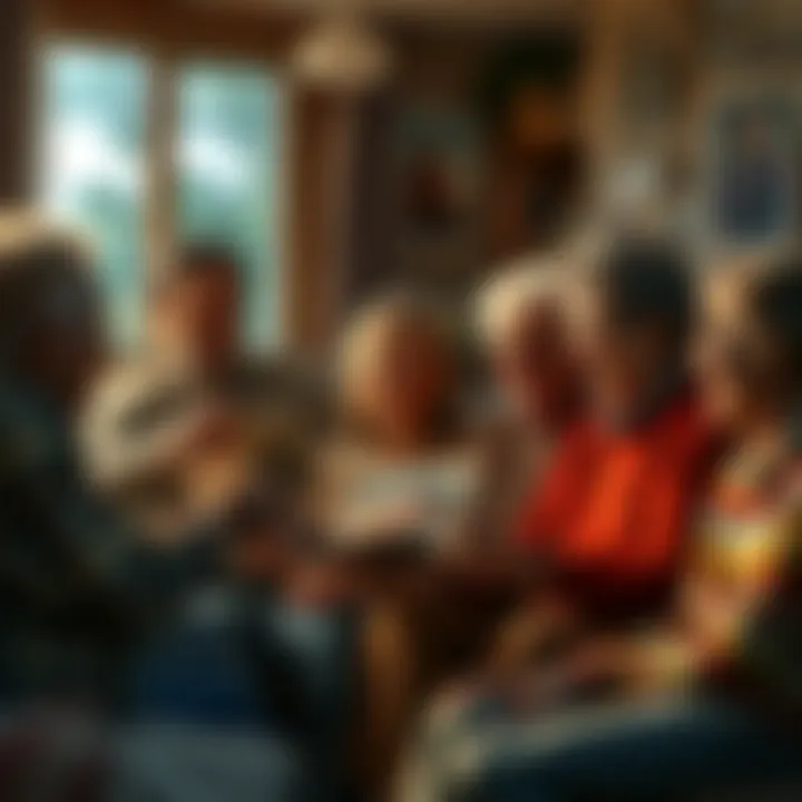 Group of friends sitting together, smiling and reminiscing about the past, with old photos and mementos in hand.