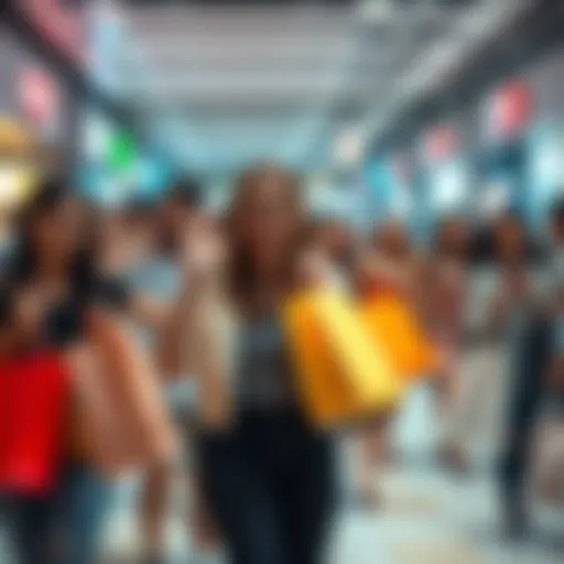 A group of people eagerly shopping with bags in hand after receiving their YT subscription bonuses.