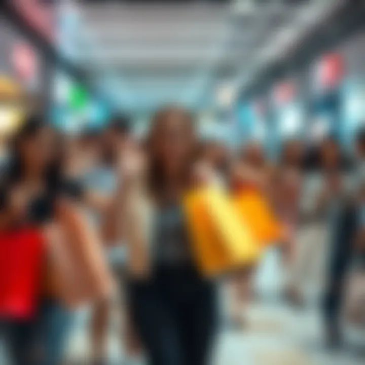 A group of people eagerly shopping with bags in hand after receiving their YT subscription bonuses.