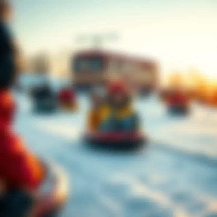 A group of happy people sliding on a frozen surface during winter, enjoying the snow and ice around them.