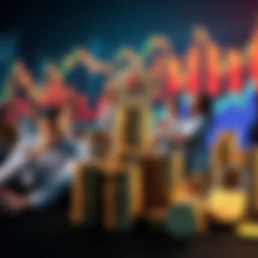 A group of people celebrating payday by accumulating Bitcoin, with stacks of coins and charts in the background, symbolizing financial security.