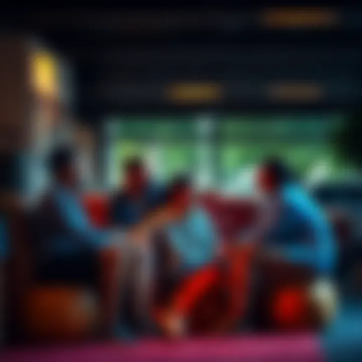 A group of people sitting together in a relaxed environment, sharing stories and coping with stress during challenging times in 2026.