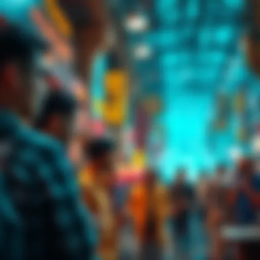 A group of people engaged in trading and discussing 400ABs in a busy market setting