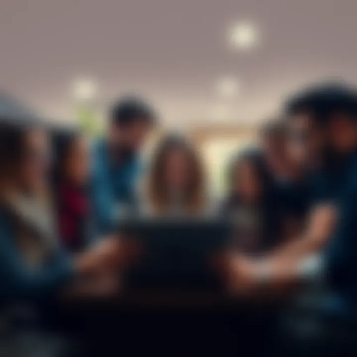 A group of people gathered around a laptop, sharing insights about cryptocurrency, with expressions of realization and excitement on their faces.