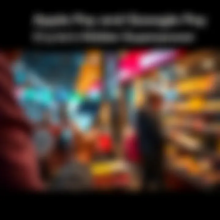 A person paying at a store using Apple Pay and Google Pay with their smartphone, showcasing cryptocurrency transactions