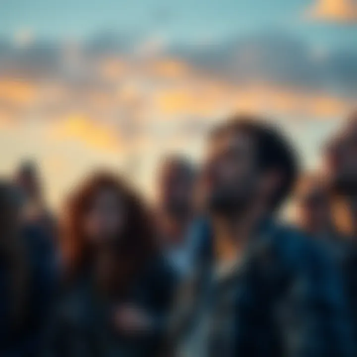 A diverse group of people looking towards the horizon with expressions of curiosity and anticipation.