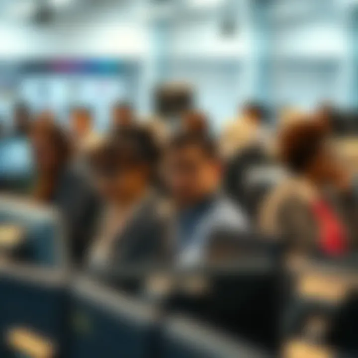 People Working in Ads A group of people sitting at desks in an office, engaged in low-paying advertising jobs, looking serious and focused on their work