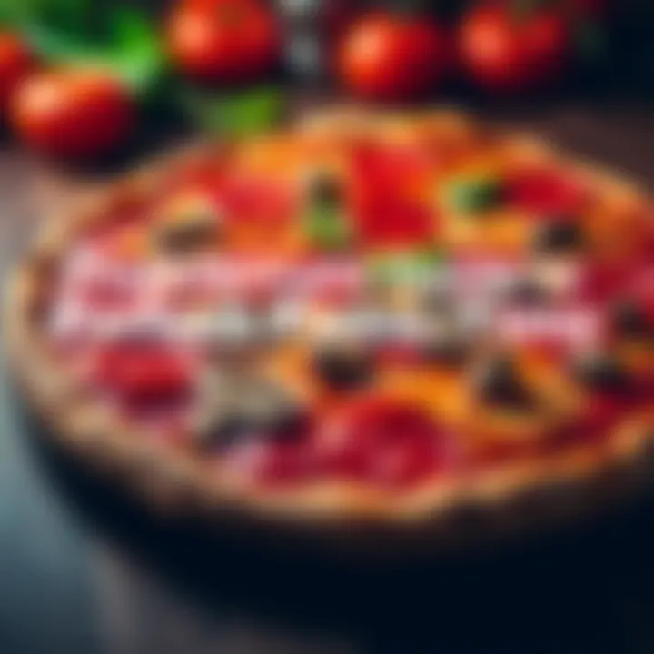 Pizza with various toppings A delicious pizza topped with pepperoni, mushrooms, and green peppers, ready to be served