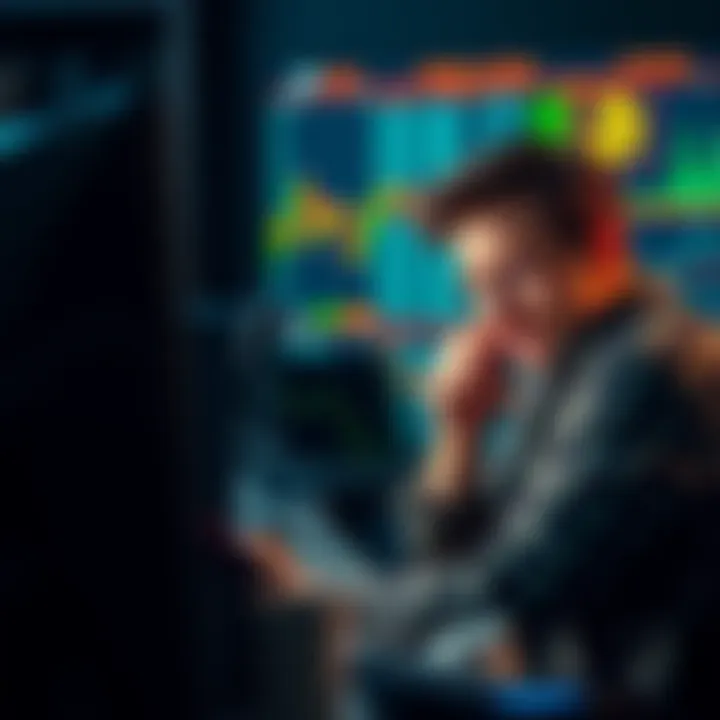 A person sitting in front of a computer, squinting at Bitcoin charts and numbers on the screen, looking puzzled and amused.