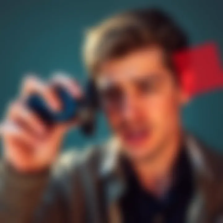 A person with a frustrated expression holding a smartphone to their ear, looking annoyed while trying to block a scam call