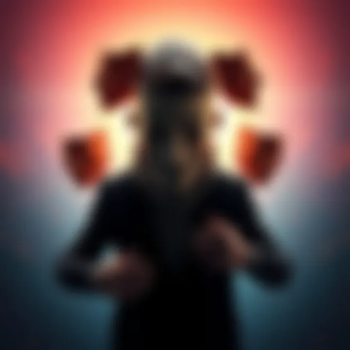 A person shedding layers of masks to reveal their true self, standing confidently with a bright light behind them.