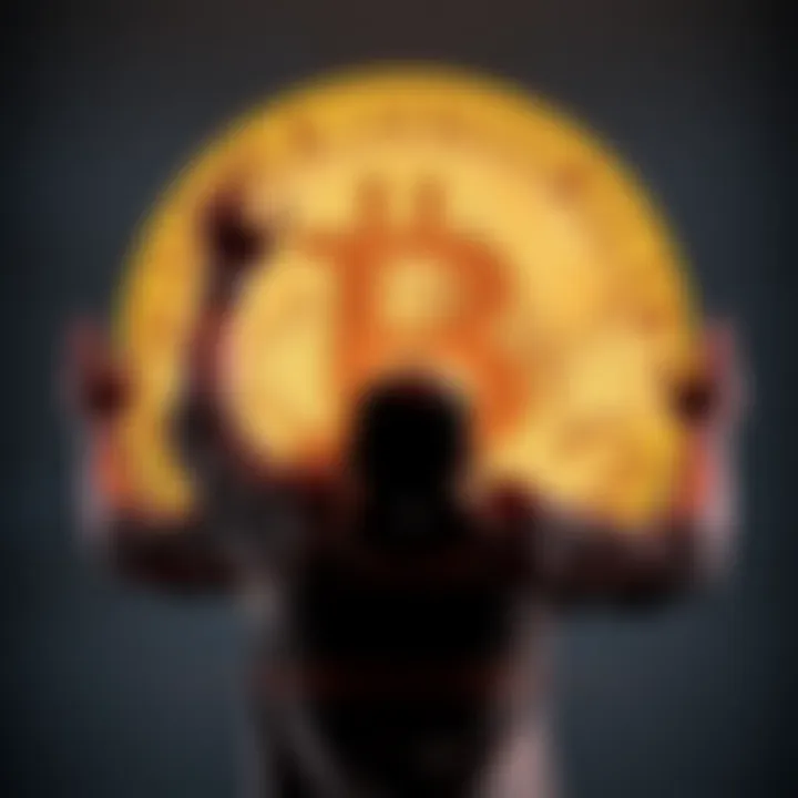 Individual raises hands in celebration with Bitcoin symbol in background