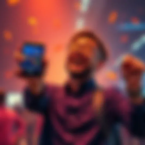 A happy individual celebrating success with cryptocurrency trading profits, holding a smartphone showing rising crypto graphs