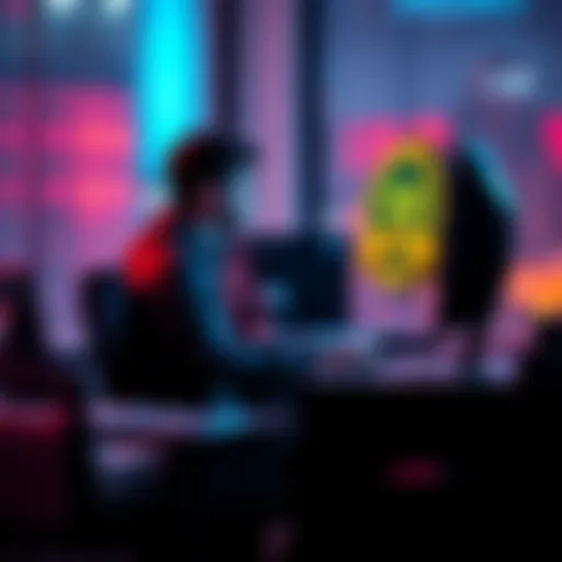 A person sitting at a desk, focused on a computer screen while participating in online surveys, with a badge graphic displayed on the side, symbolizing achievement.