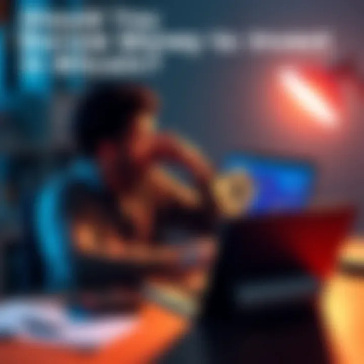 A person sitting at a desk looking at a laptop with Bitcoin graphics on the screen and a calculator beside them, contemplating a decision about borrowing money for investment