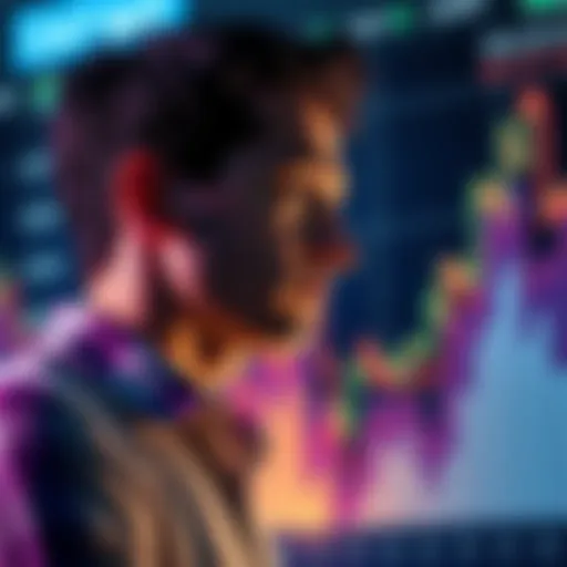 Individual pondering whether to sell financial assets, with a chart showing fluctuating market trends in the background