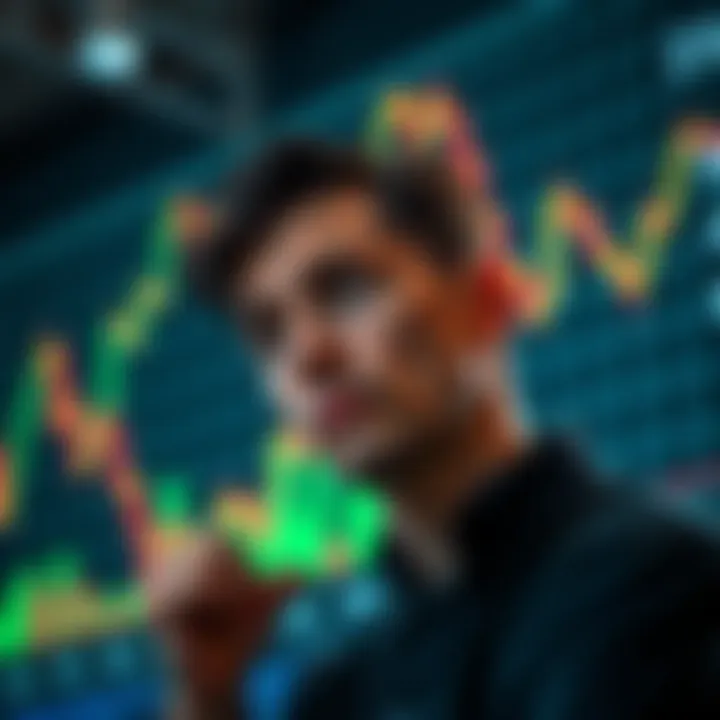 A person looks concerned while gazing at a financial chart showing a downward trend, representing investment loss and tough choices.