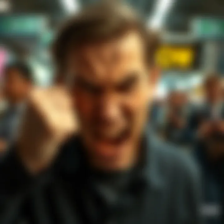A person with a tense expression, clenching fists and furrowing brows, showing raw emotions of anger. Surroundings suggest a busy environment, highlighting the everyday impact of intense feelings.