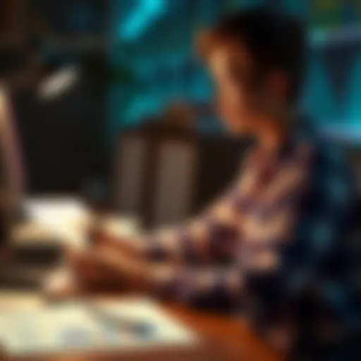 A person sitting at a desk, completing IRS tax forms related to cryptocurrency.