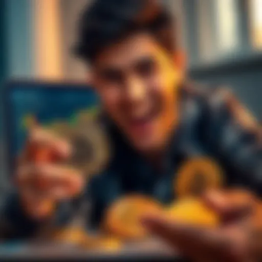 Individual smiling while holding Bitcoin coins with a laptop showing a cryptocurrency chart in the background