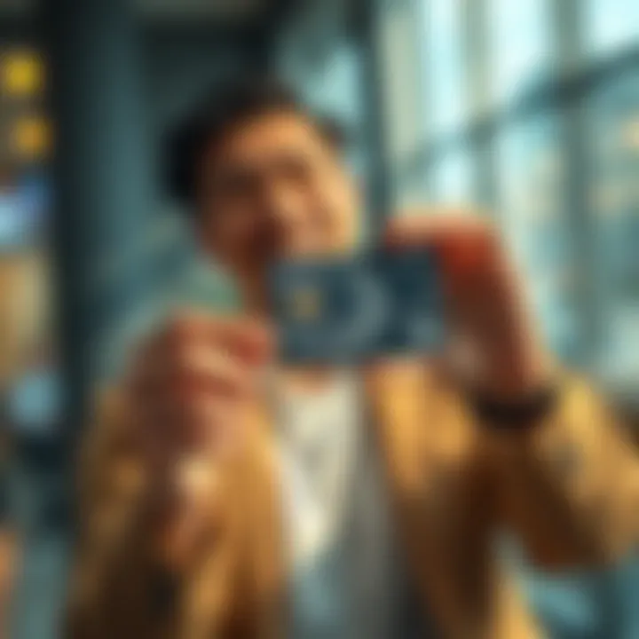 A person smiling while holding a sleek, modern BitMartCard Platinum in their hand, showcasing its elegant design.