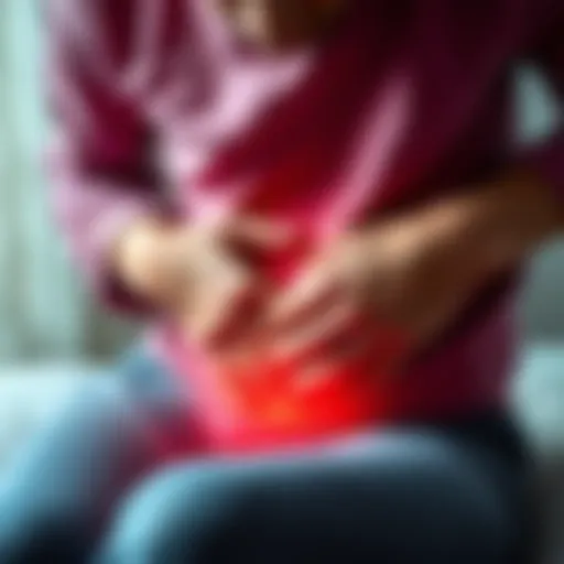 Individual sitting and holding their stomach, showing signs of bloating and constipation after taking KPV