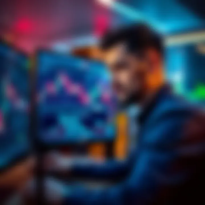 A person with a focused expression examines stock charts on a computer screen, analyzing day trading in Ethereum.