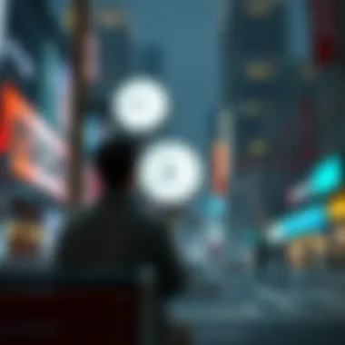 A person looking at a clock A person sitting on a bench, staring at a clock in a busy city, reflecting on the act of waiting in modern life.