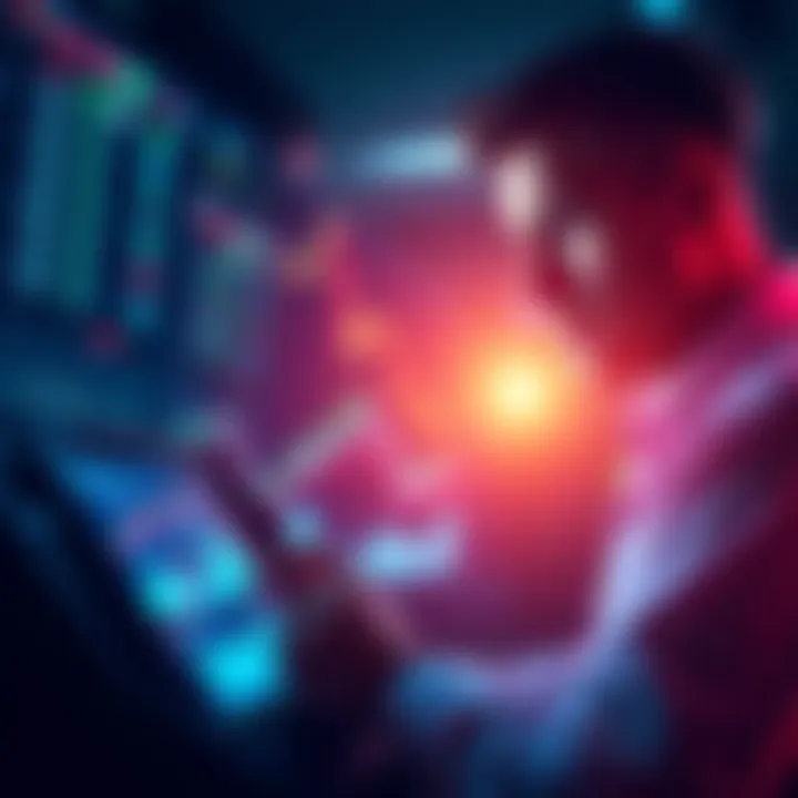 Individual analyzing stock market data on a digital device while considering investments