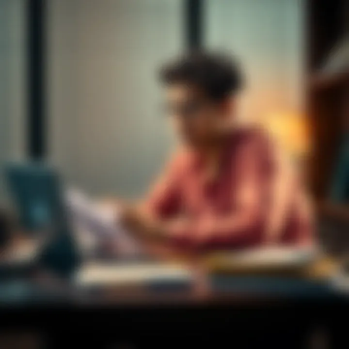 A person sitting at a desk with financial documents and a laptop, looking focused on managing their money independently.