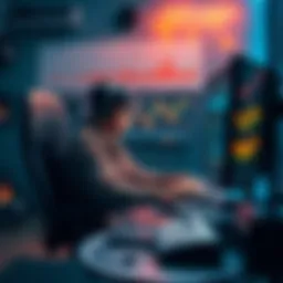 Individual sitting at a desk, using a computer to mine cryptocurrency with Bitaxe Gamma software, surrounded by charts and equipment