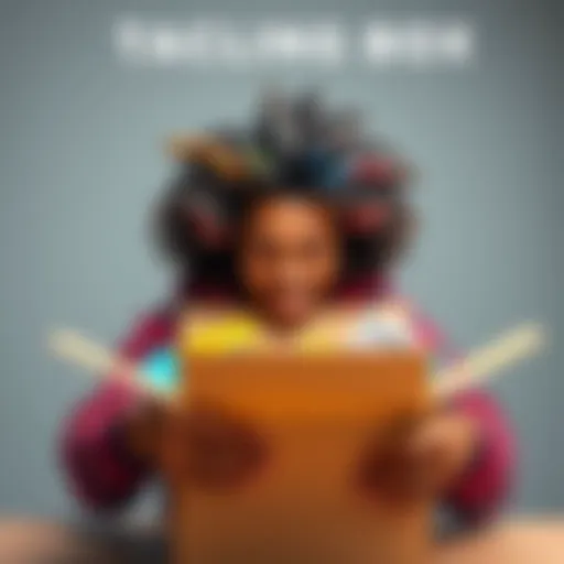 A person looking excited yet anxious while opening a cardboard box, revealing colorful items inside