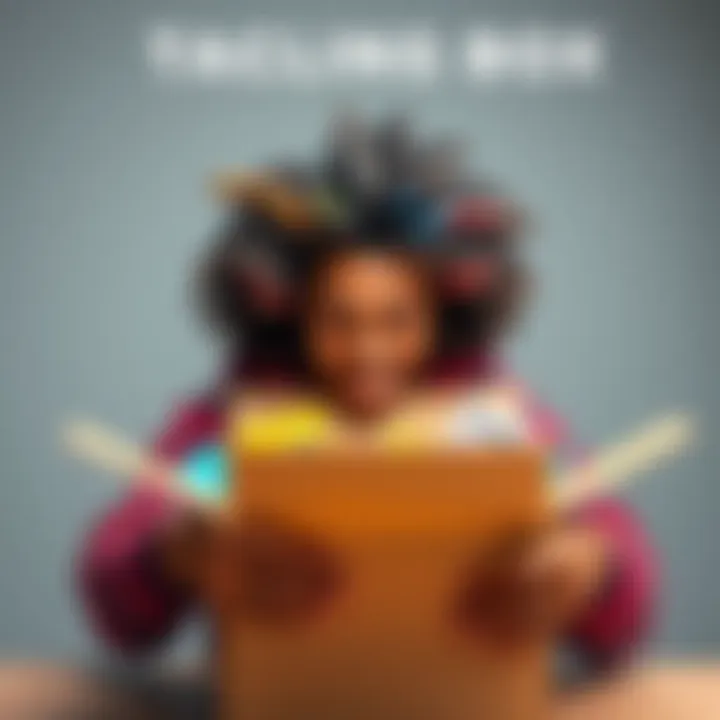 Person opening a package with mixed emotions A person looking excited yet anxious while opening a cardboard box, revealing colorful items inside