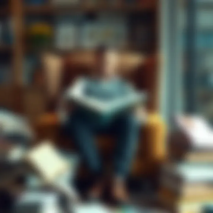 A person sitting comfortably in a cozy chair, reading a book with a focused expression, surrounded by various reading materials like magazines and notebooks.