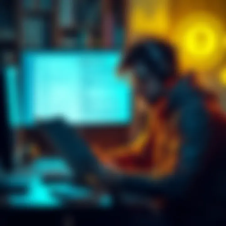 A person sitting at a computer, reading a document titled Cypherpunk Manifesto, with digital security symbols around them.