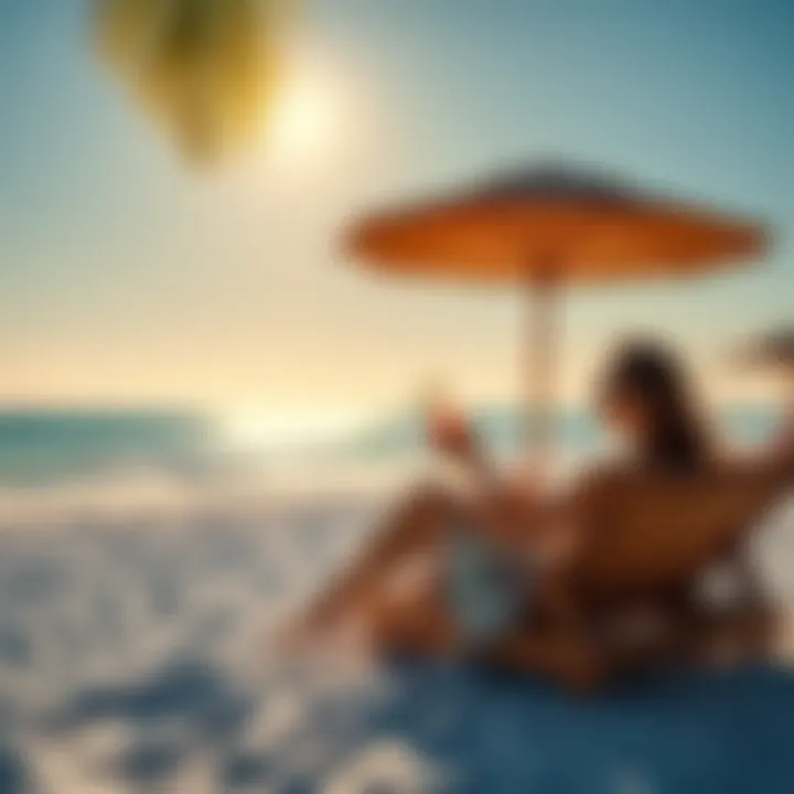 A person sitting on a tropical beach with a drink, enjoying the sun and sea
