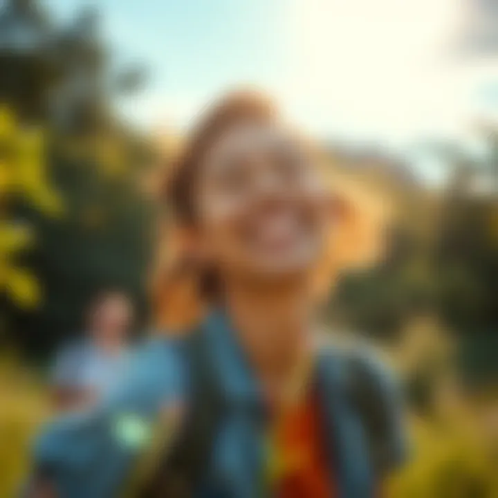A person enjoying nature with a big smile, surrounded by greenery and sunlight, symbolizing joy and positivity.