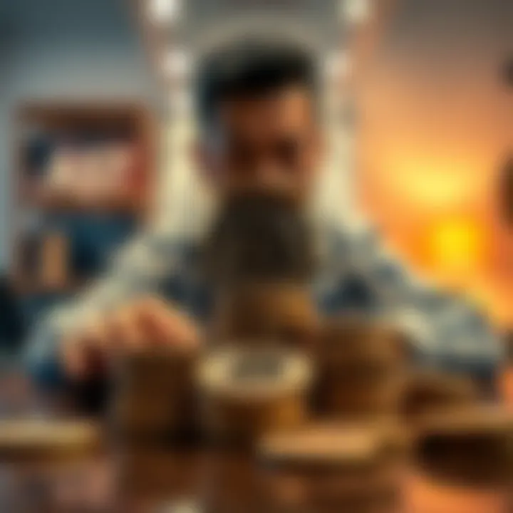 A person stacking Bitcoin coins on a table, symbolizing financial focus and independence, with a relaxed atmosphere.