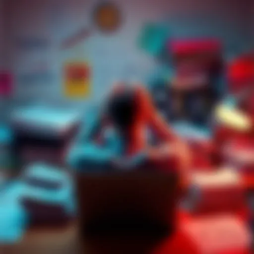 A person sitting at a cluttered desk, surrounded by tax documents and a laptop looking overwhelmed